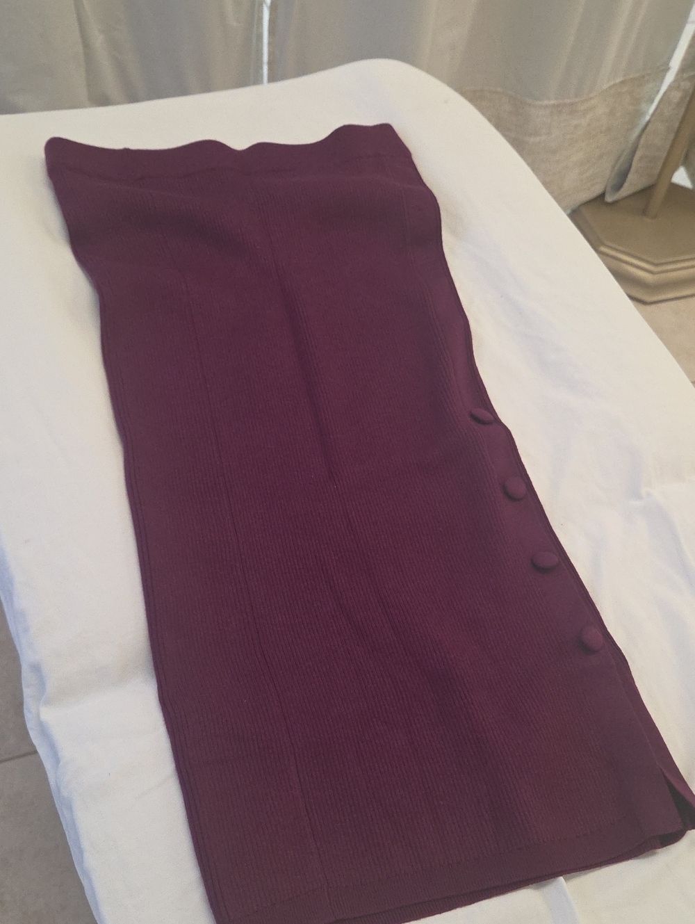 Plum Ribbed Pencil Skirt with Side Button Detail